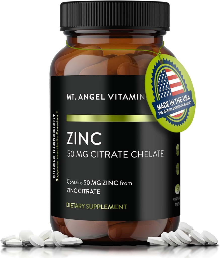 Mt. Angel Vitamine - Zinc Citrate 50mg - Zinc 50 mg Citrat Chelat - Suplimente naturale de zinc fabricate în SUA - 60 comprimate vegetariene