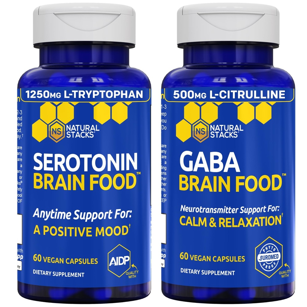 Natural STACKS Serotonina si GABA Brain Food Bundle - Suportă o stare de spirit pozitiv și calm* - 120 Capsule totale