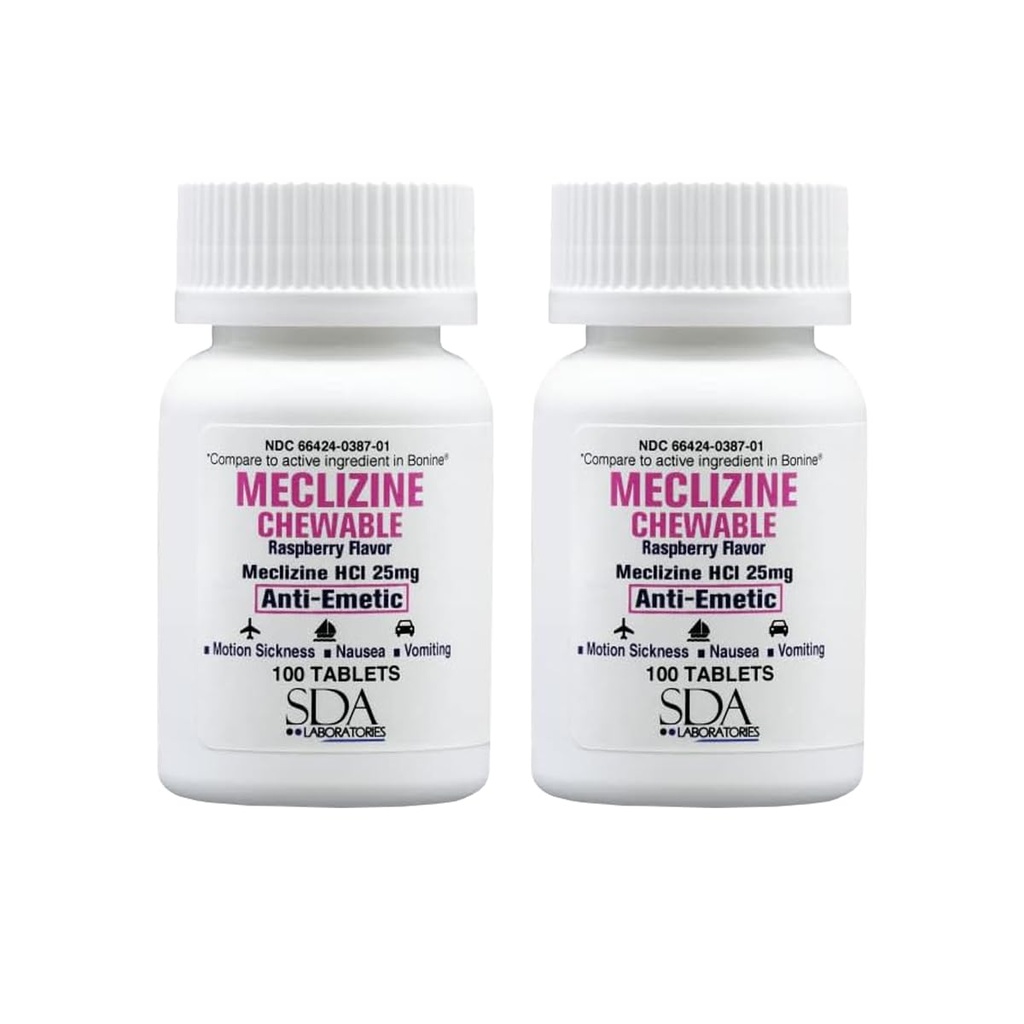SDA LABORATORIES Meclizine 25 mg Tablete masticabile, anti- Emetic, aroma de zmeură, stare de rău şi vertij Relief pentru greaţă, ameţeli, vărsături, ajutor de călătorie portabil (2 flacoane de 100 Număr)