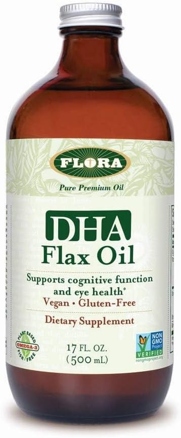 Flora DHA Ulei de in - Sustine sanatatea creierului - Conține Vegan Omega-3-6-9, Gluten-Free, Kosher & Non-GMO - Păstrați răcit - Sticla de sticlă - 17 fl. oz.
