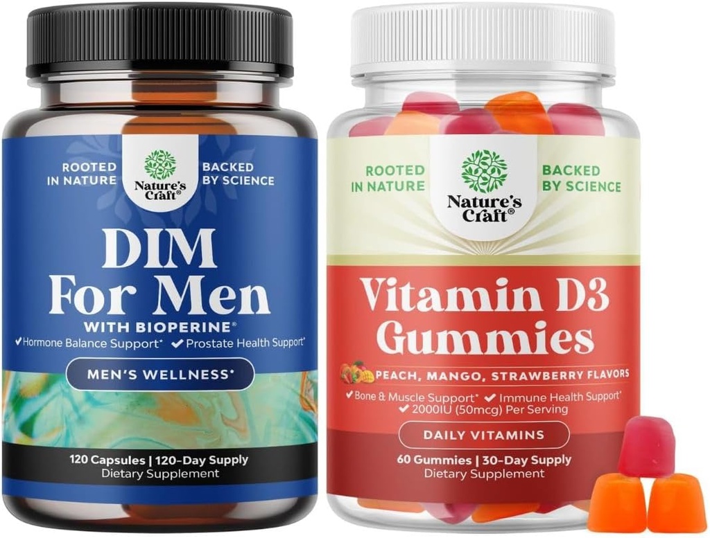 Bundle of Advanced Diindolilmetan DIM Supplement for Men and Vitamin D3 Gummies for Daily Wellness for Bone Muscle & Immune Support