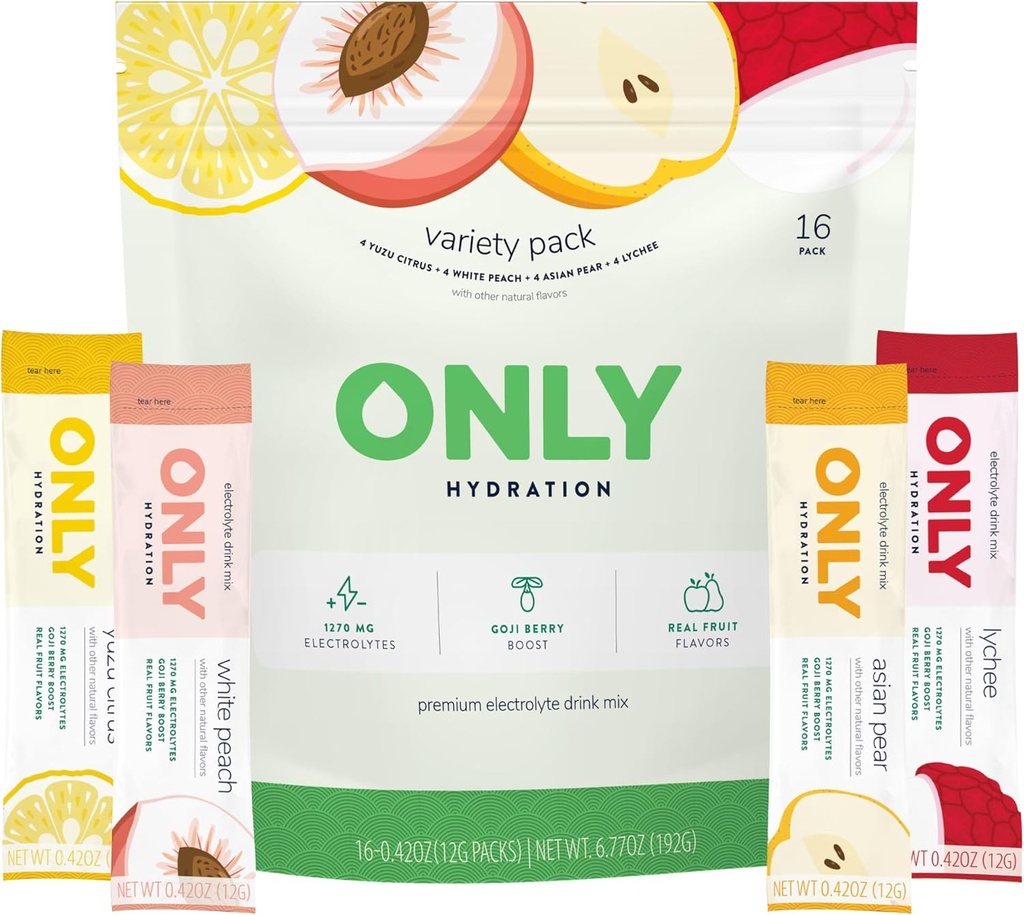 Pachet de varietăţi 1270 mg Pulbere electrolit - 3g Zahăr - Îndulcitor de fructe Monk - Fără arome artificiale - Superfood Goji Berry - Vitamine C, B6, B12 - On-The-Go Sticks - 1 pachet (16 Pachete)