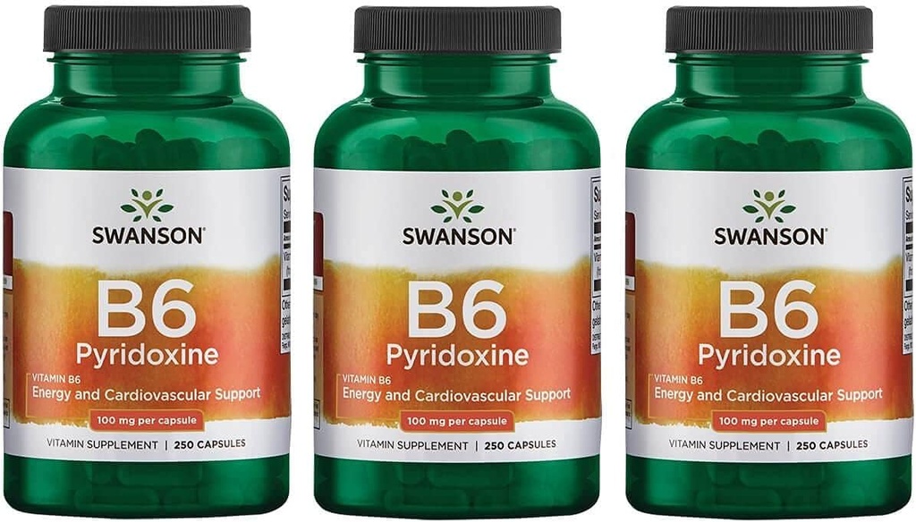 Swanson B6 Pyridoxine - Suplimentul de vitamine care promovează sănătatea cardiovasculară și metabolismul energetic - Formula naturală de promovare a bunăstării globale - (250 capsule, 100 mg fiecare) 3 ambalaj
