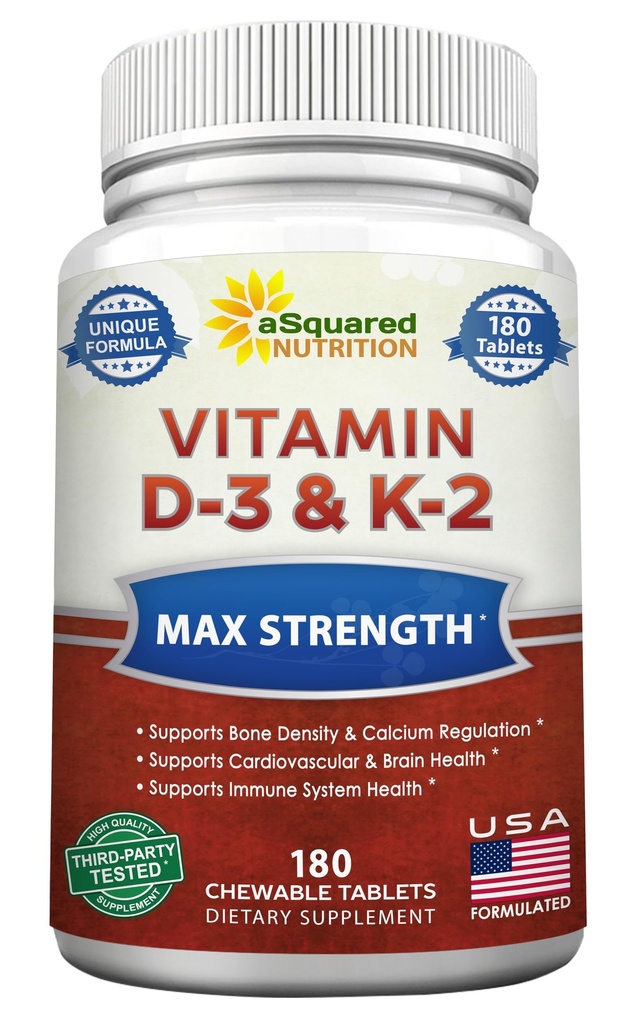 aSquared Nutrition Vitamina D3 cu K2 Suplimentul-180 Tablete masticabile, puterea maximă D-3 Colecalciferol & K-2 MK7 pentru a sprijini oase sănătoase, dinți, inimă -Antioxidant D3 și K2 MK-7 Formula energetică Adulți