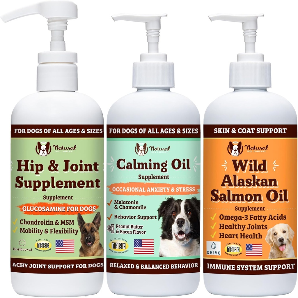 Natural Dog Company Wellness Bundle Food Oil Toppers Inclusiv (1) Ulei de somon sălbatic Alaska, (1) Glucosamină lichidă, (1) Ulei calmant