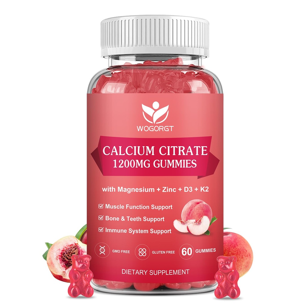 Citrat de calciu 1200mg Gume cu vitamina D3 K2 - Chemble calciu magneziu Zinc d3 Supliment cu extract de Moss de mare pentru oase, dinți, suport imun pentru femei și bărbați, aroma de piersici alb - 60 gume