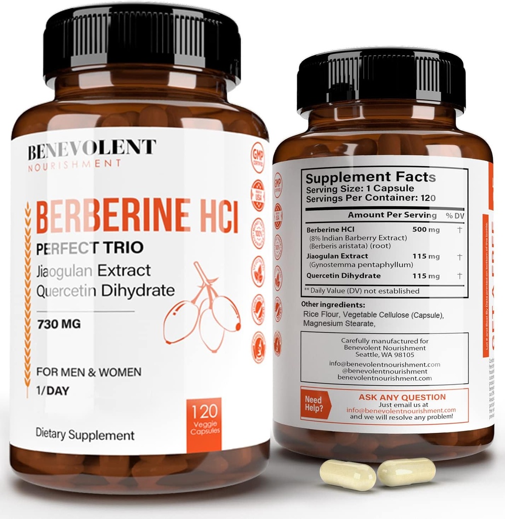 Premium Berberine HCL 730mg - 120 VCAPS Perfect Trio Complex cu Non-GMO Jiaogulan & Querbetin