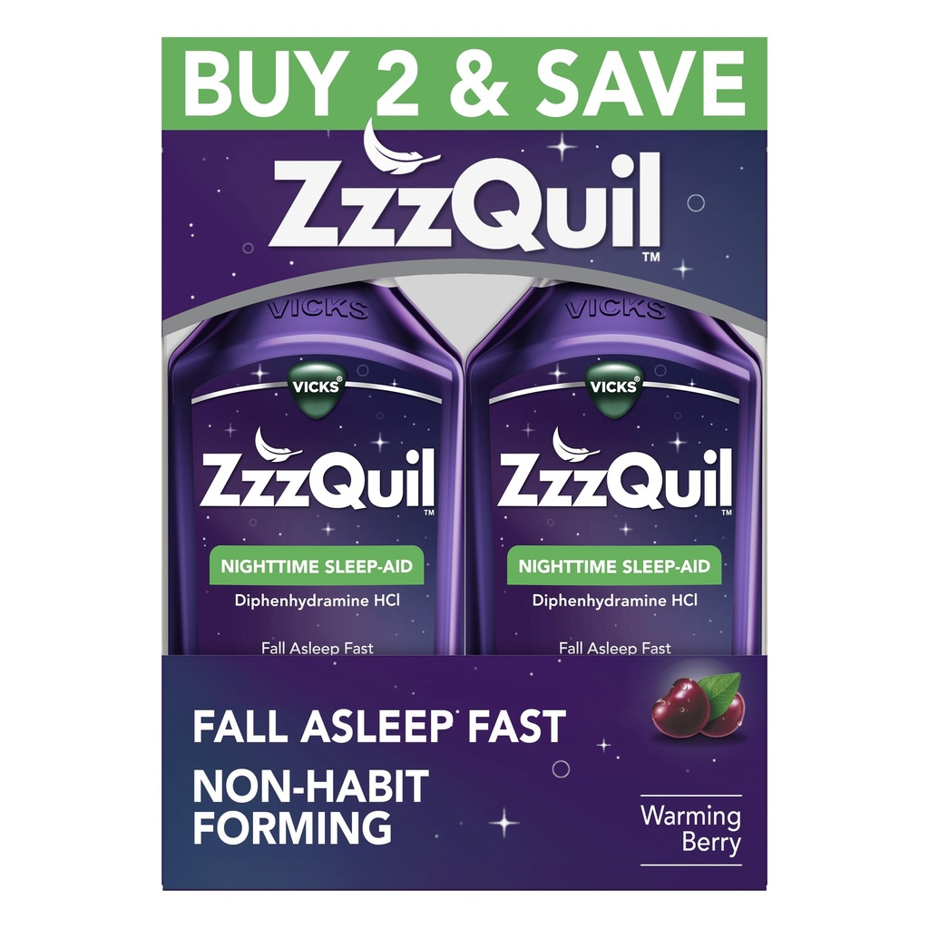 ZzzQuil, Sleep Aid, Nighttime Sleep Aid Liquid, 50 mg Difenhidramină HCl, Fall Asomping Rapid, Non-Habit Forming, Warming Berry Flavor, 12 FL OZ (Pachet de 2)