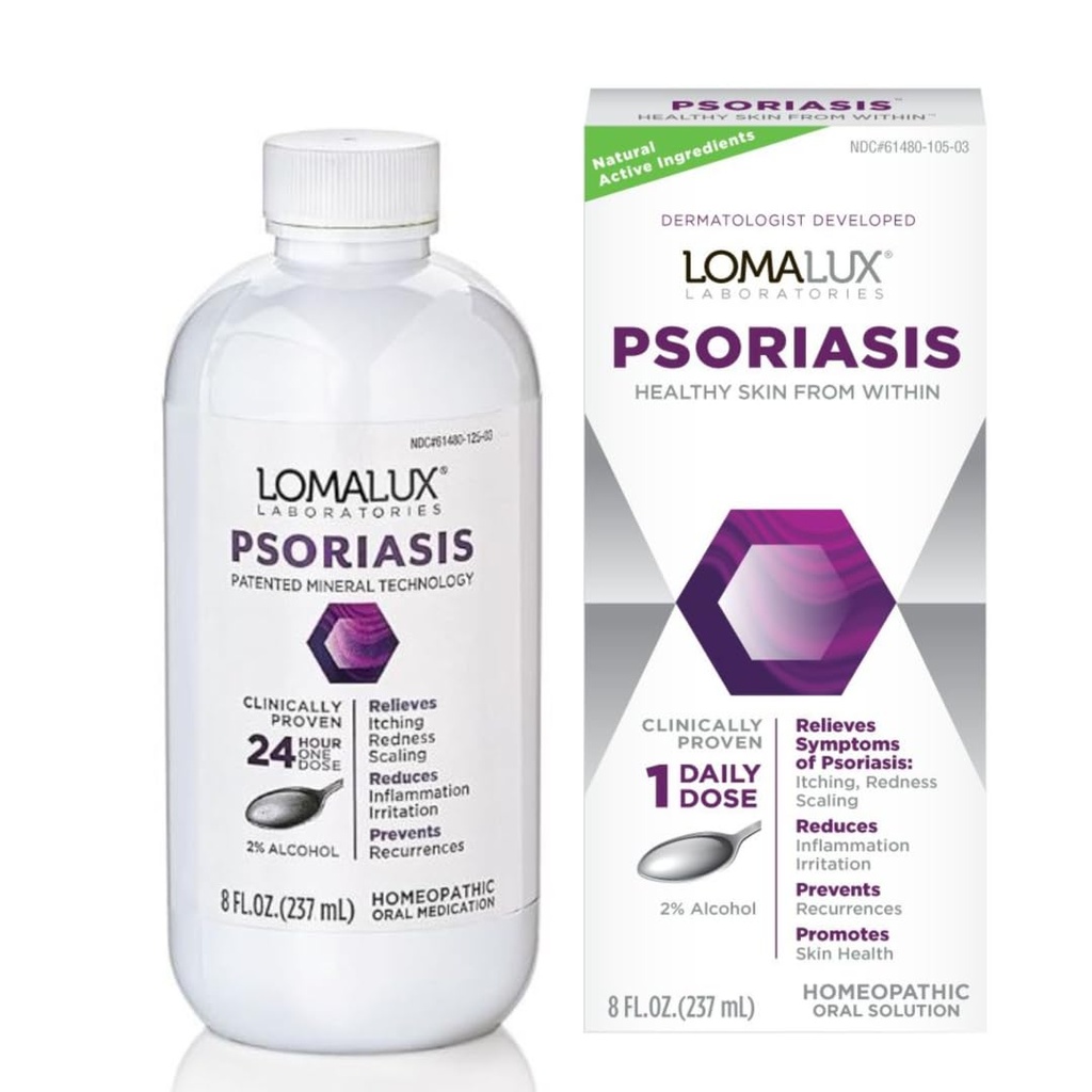 Loma Lux Psoriazis Relief Natural w/Minerals - Multi-Simptom Relief - Tratament clinic dovedit Dermatolog dezvoltat pentru Psoriazis Vulgaris, Dermatită Seboreică, Scalp, Tipuri Inverse - 8 Fl Oz