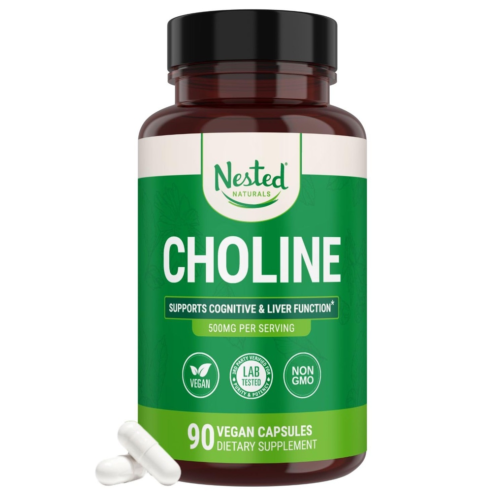 Naturale Nested Choline Bitartrate 500mg - Suplimente coline de înaltă potenţă - Suporturi Performanţă cognitivă & funcţie hepatică - 100% Vegan & non-GMO Choline - 90 capsule Vegan
