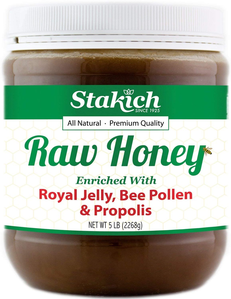 Stakich Royal Jelly, Bee Pollen, Propolis Enriched Raw Honey - Pur, Neprelucrat, Neîncălzit - 5 Pound (80 Ounce)