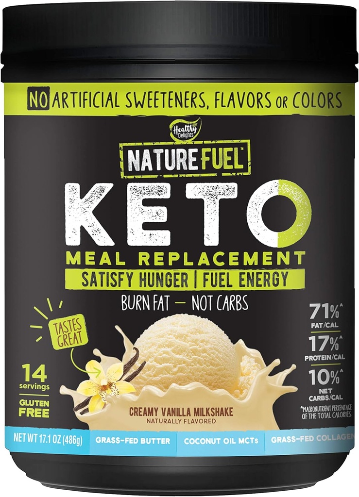 Nature Fuel Keto Meal Pudră de înlocuire - Gluten gratuit cu ulei de cocos MCTs și unt de iarbă-Fed - Creamy Vanilla Milkshake - 14 Serviri - Cămar prietenos, 17.1 Fl Oz