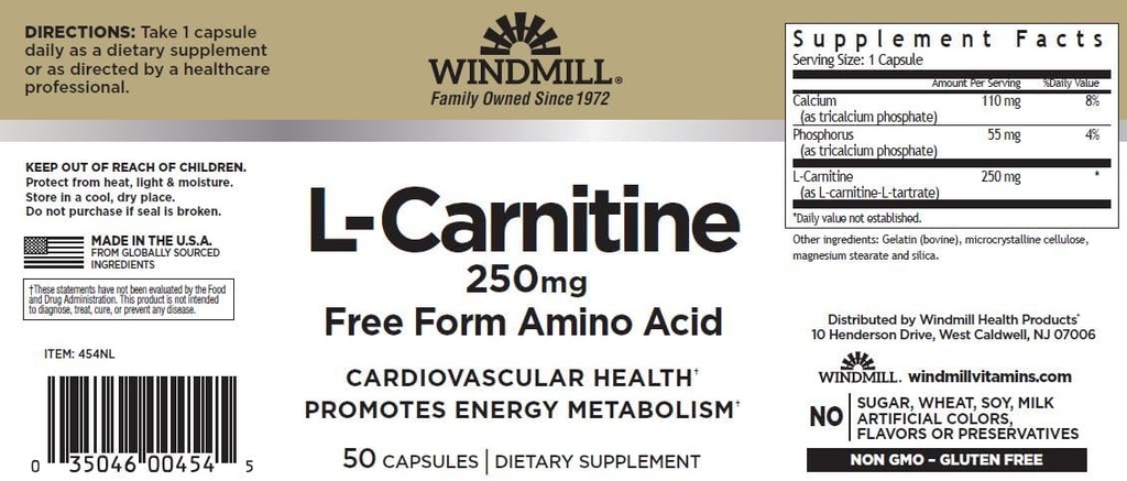 Moara de vânt L- Carnitină 250 mg Capsule 50 Count (3 ambalaje)