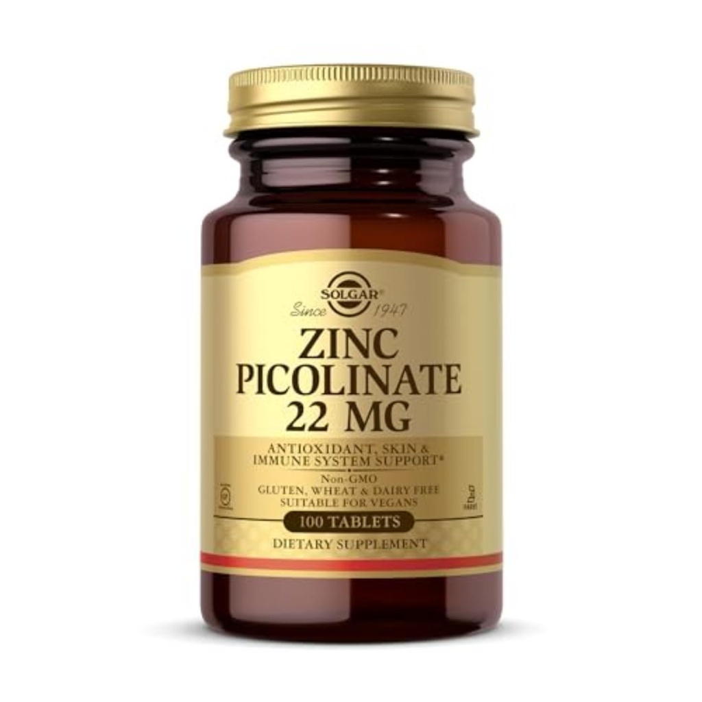 Solgar Zinc Picolinat 22 mg, 100 comprimate - Promoveaza sanatos Skin - Sustine sistemul imunitar, normal de gust si viziune - antioxidant, non-GMO, Vegan, gluten gratuit, Kosher - 100 Serviri