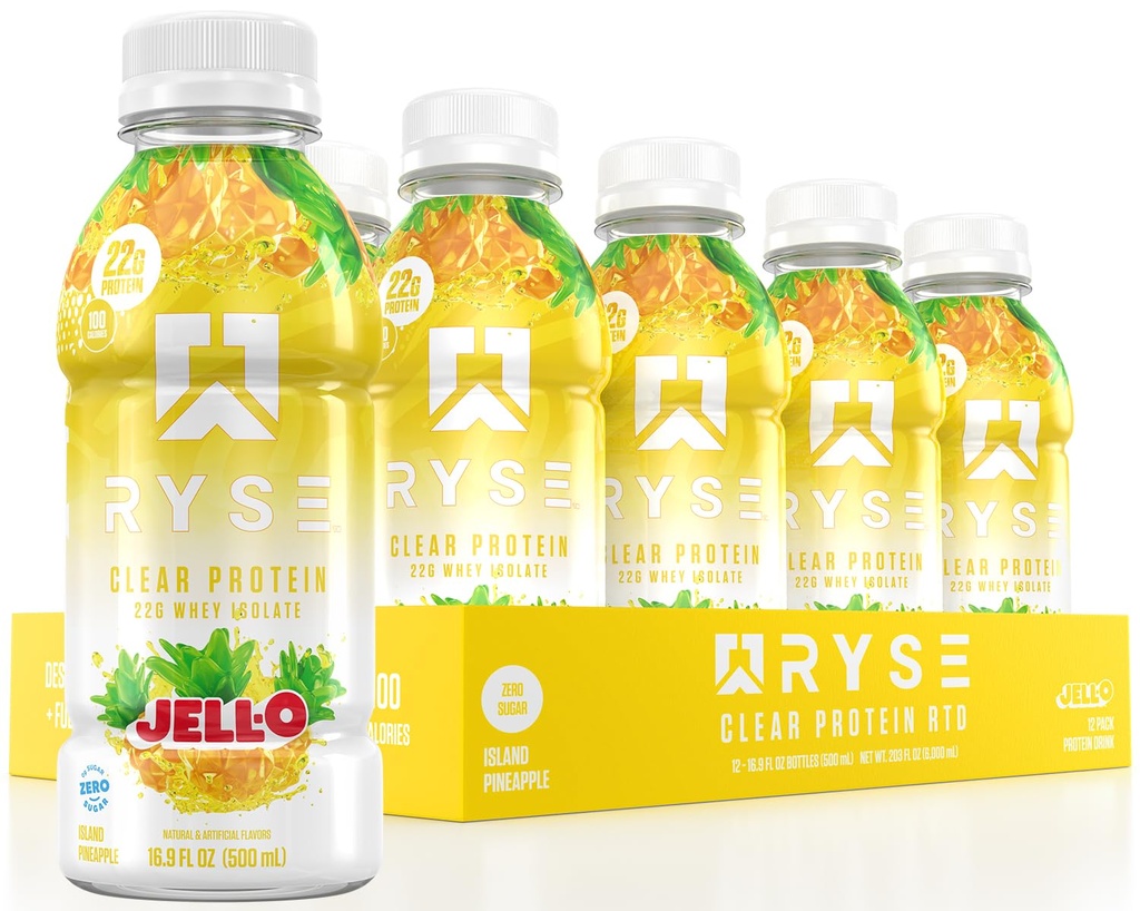 RYSE Clear Proteine Drink - Jell-O Island Ananas - 100 Calorii, 22g Whey Izolate Proteine Shake, Zahar-Free, 0g Fat & Lactoză-Free - Reîmprospătare gata-pentru-Drink Beverage - 16,9 fl oz Sticle (12-Pack)
