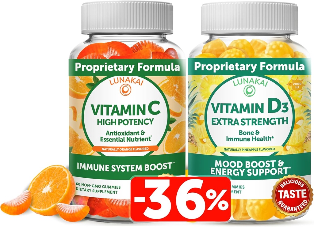 Lunakai Vitamina C și vitamina D3 Gummies Bundle - 300mg Organic, Non-GMO, Vegan Gummy mestecabil - Imunitate, Bone and Mood Supplement pentru adulți