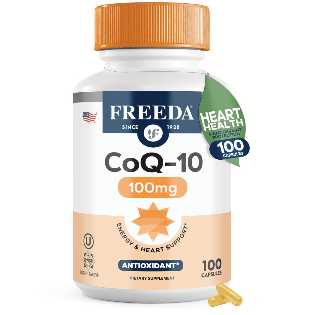 FREEDA CoQ10 100mg - Coenzima Kosher Q10 Supliment alimentar pentru sanatatea cardiaca cardiovasculara, suport de presiune a sangelui, sanatate a gingiilor orale, si imbatranire sanatoasa - capsule CoQ10 pure, 100 Conte