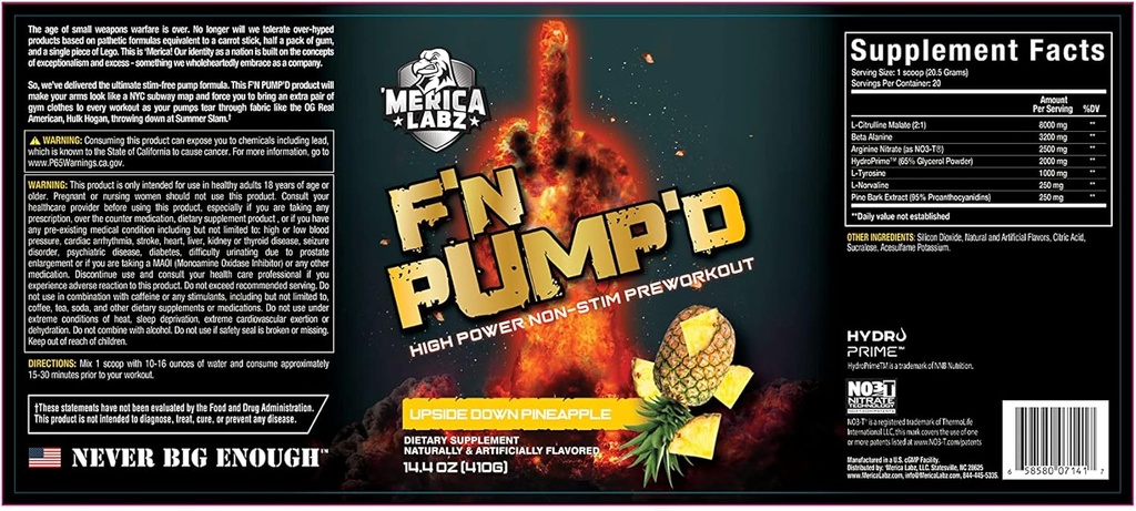 'Merica Labz F'N Pump'D Stimulant Free, Nitricoxid,Fully Dosed, Pump PreWorkout Powder (20 Serviri) (Upside Down Ananas)