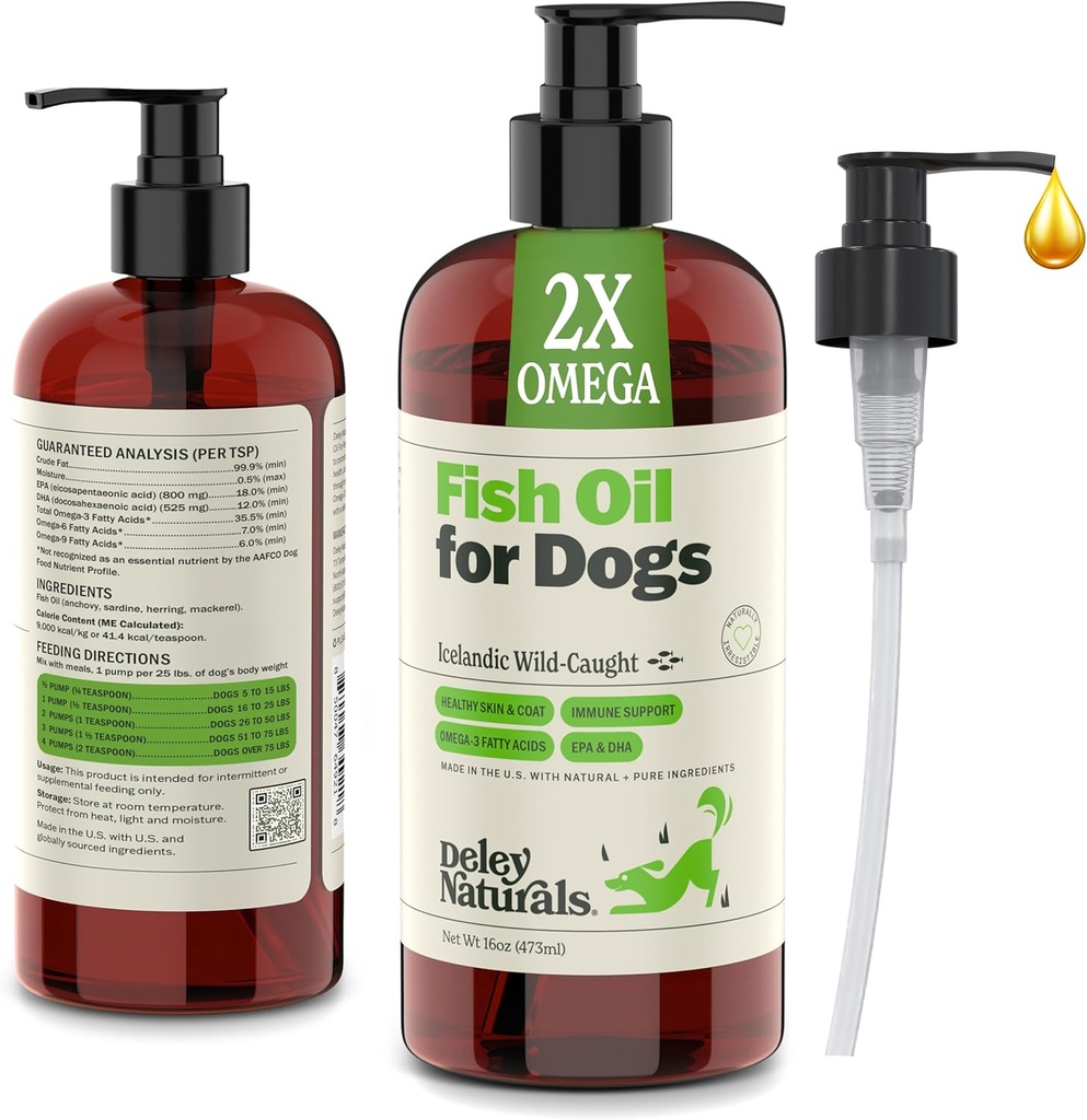 Deley Naturals Dog Fish Oil Islandez 2X Omega - Mâncărime câine Relief de piele cu Omega 3 6 9 pentru alergii, haina & inima - Omega 3 ulei de pește pentru câini Iritație de piele - 16 oz Ulei Omega pentru câini Made in USA