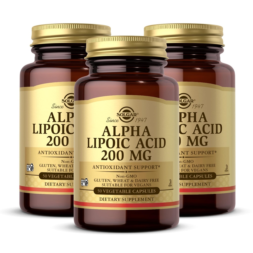 Solgar Alpha Acid lipoic 200 mg, 50 Capsule vegetale (Pachet de 3) - Suport antioxidant - Ajuta la reciclarea glutationei, vitaminei C & E, CoQ-10 - non-GMO, Vegan, gluten gratuit, lactate gratuit, Kosher - 150 Serviri totale