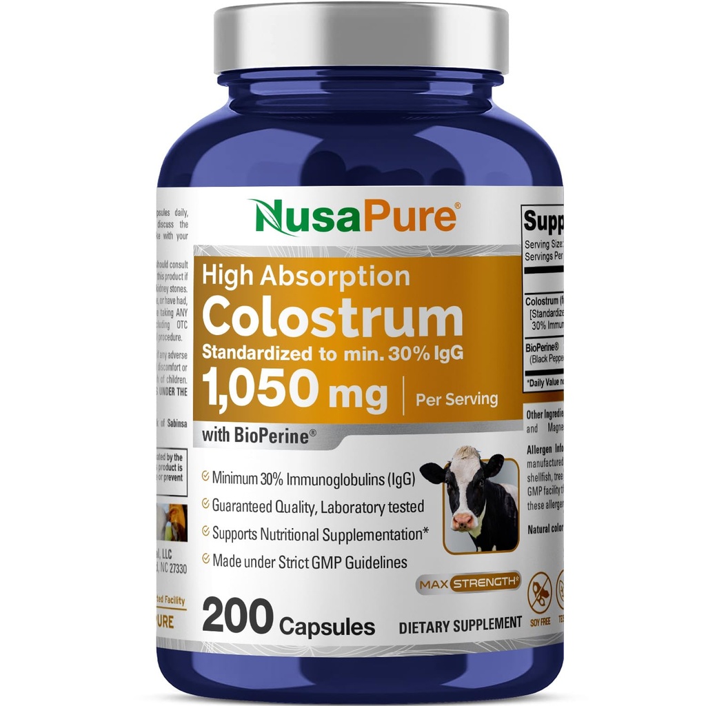 NusaPure Colostrum 1050 mg 30% IgG 200 capsule (non-GMO, Soyfree) Bioperină