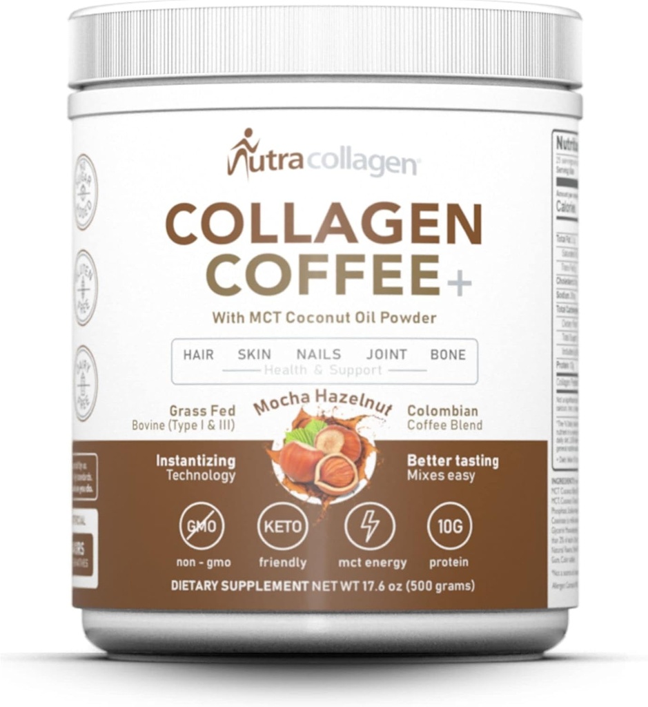 NUTRACOLLAGEN Peptide Powder cu cafea Columbian Premium; Grass-Fed; Keto Friendly, MCT Nucă de cocos Pudră de ulei, Soy Free, Gluten Free, Sugar Free, 40mg Cafeina/SVG; Mocha Hazelnut 25 Serviri