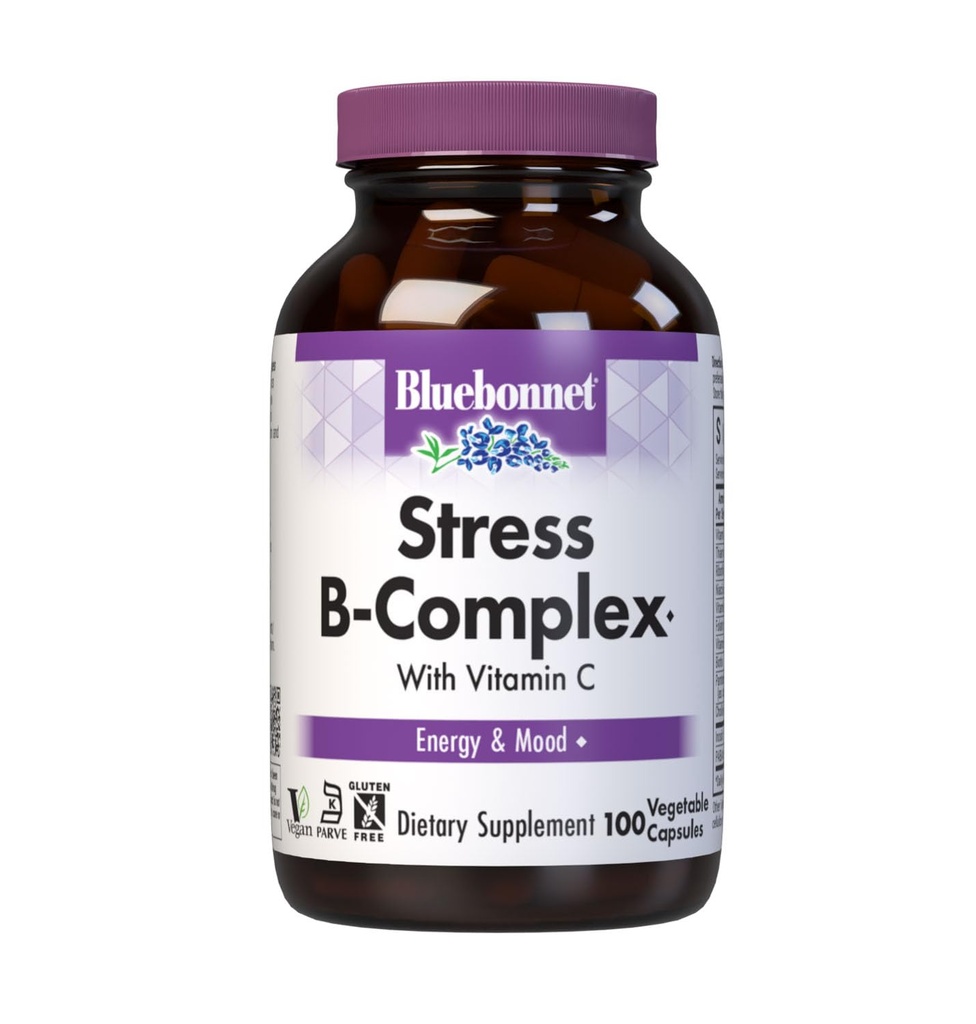 Bluebonnet Nutrition Stress Relief B Complex Capsule vegetale, Vitamina B6, B12, Biotin, Folate, Vegan, Gluten & Soy & Milk Free, Kosher, Unflavored, 100 Conte