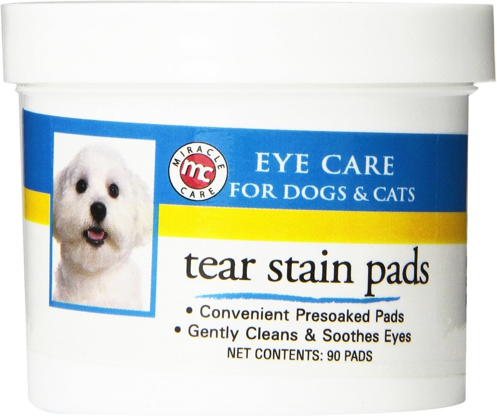 Miracle Care Tear Stain Pads, 90 Pad-uri de unică utilizare pre-înmuiate pentru a ușor curat și Soothe Dog și Cat Eyes, Formula non Stinging pentru a îmbunătăți Tear Stains și elimina Debris ochi
