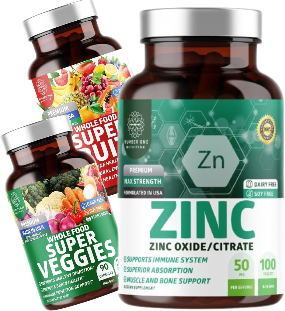 Number One Nutrition N1N Premium Super Fruits & Veggies Supplement [40 Whole Foods, Aloe Vera, Vitamine] și Zinc 50mg [3X Absorbtion], 2 Pack Bundle