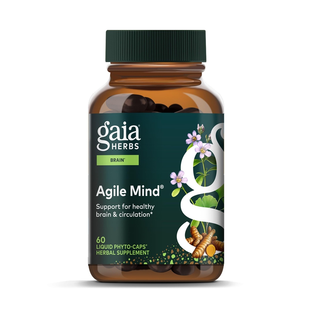 Gaia Herbs Agile Mind - Brain & Cognitive Supplements Herbal - with Organic Turmeric Root, Bacopa, Black Pepper, and Ginkgo Biloba - 60 Vegan lichid Fito-Capsules (30-Day Supply)