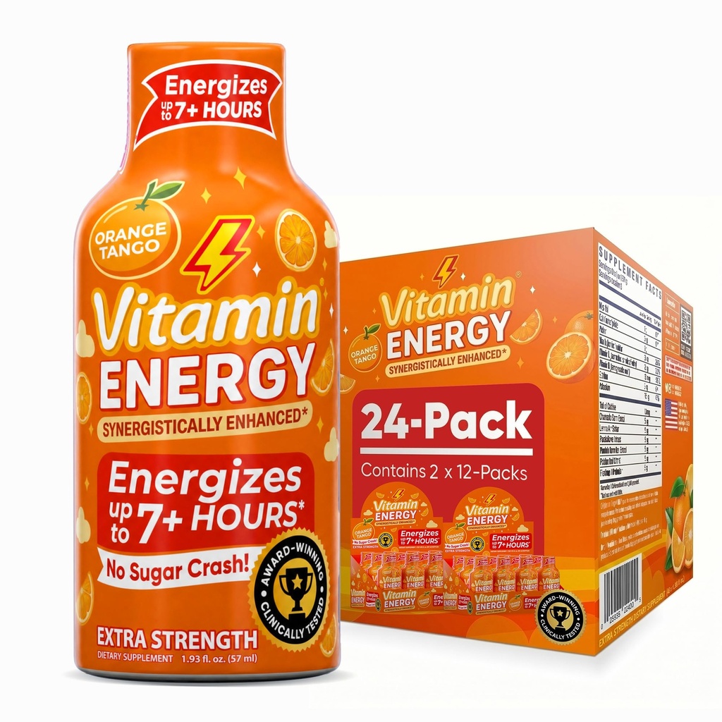 Vitamina Energie Immune+ Extra Putere Energie Shot Orange Burst 24 Pack, 260mg Cafeina naturala, B-Vitamina, Ceai verde, Imunitate & Focus Suport, Zero Zahăr, Gluten-Free 1.93 fl oz