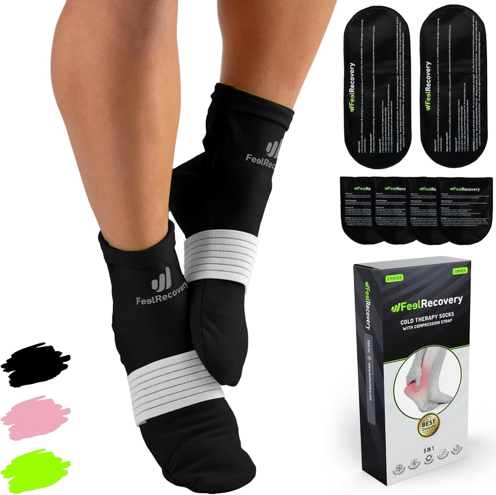 Șosete de ambalaj de gheață pentru cooler picioare - Sosete reutilizabile terapie fierbinte & rece w / benzi de compresie - Gel rece pachet pentru neuropatie, durere picior, Fascitis plantar & luxații (Black, L/XL)
