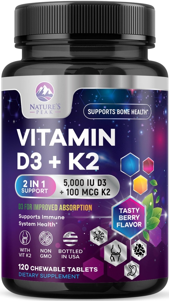 Vitamina D3 K2 - 5000 ui Vitamina D3 & 100 mcg Vitamina K2 (MK-7) Complex pentru suport imun - Oase, Teeth & Muscle Health Support - Berry Chewable, Gluten Free, Non-GMO, îmbuteliat în Statele Unite ale Americii - 120 comprimate
