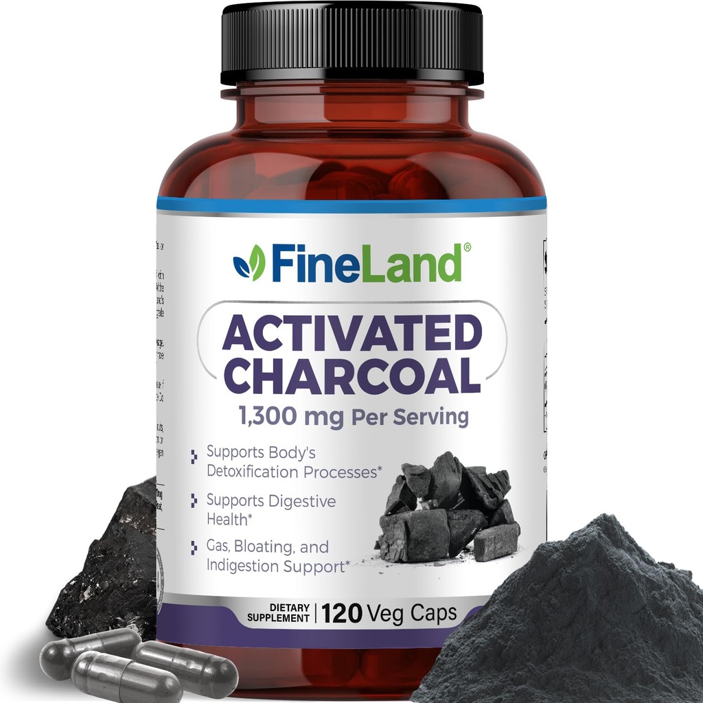 FineLand activat Charcoal 1300mg - avansat Digestive Detox Cleanse, ajută cu gaz și balonare, Circulație și suport Colesteroal - Made in USA, 120 Vegan pastile