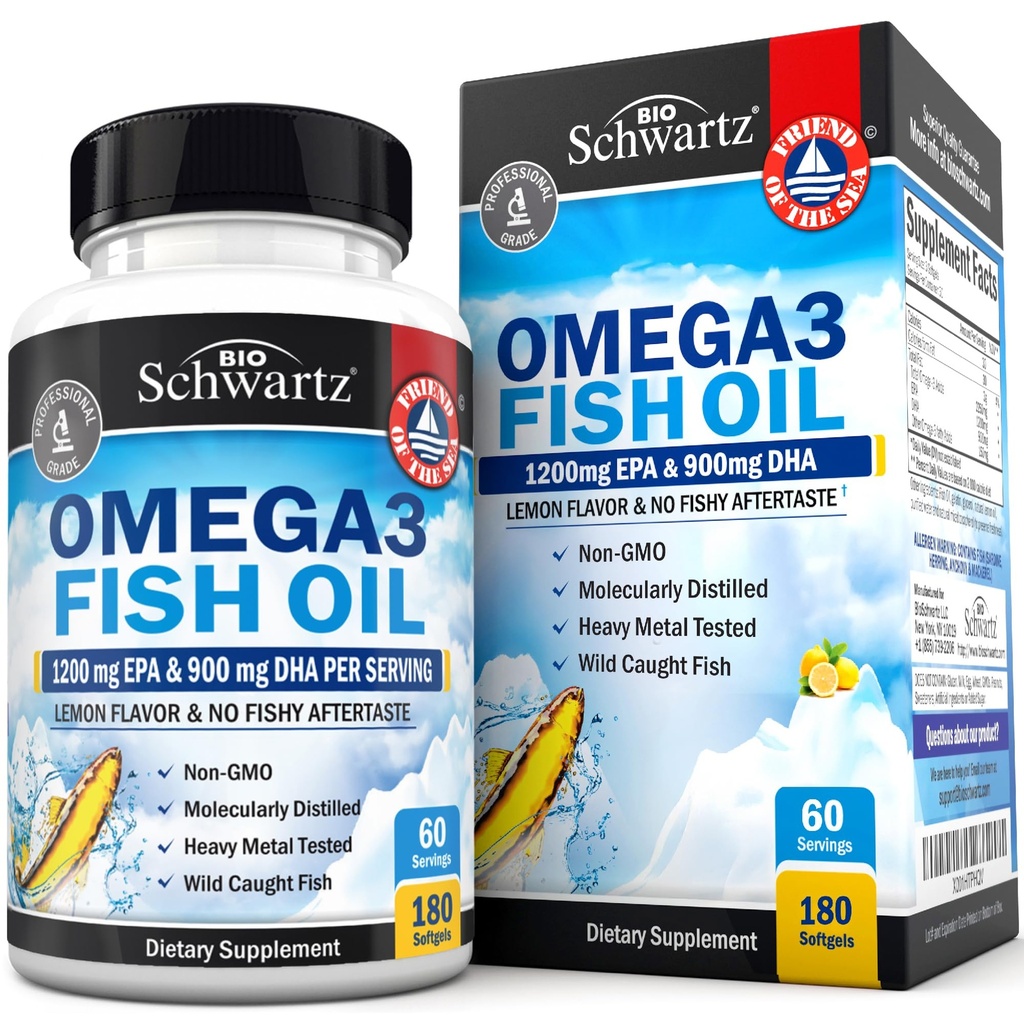 Putere triplă Omega 3 Suplimentul de ulei de pește - 2250 mg EPA DHA Omega 3 Acidi grasi de pește proaspăt prins, aromă Burpless Lemon sprijină sănătatea ochilor și mai mult, Gluten gratuit, 180 Softgels