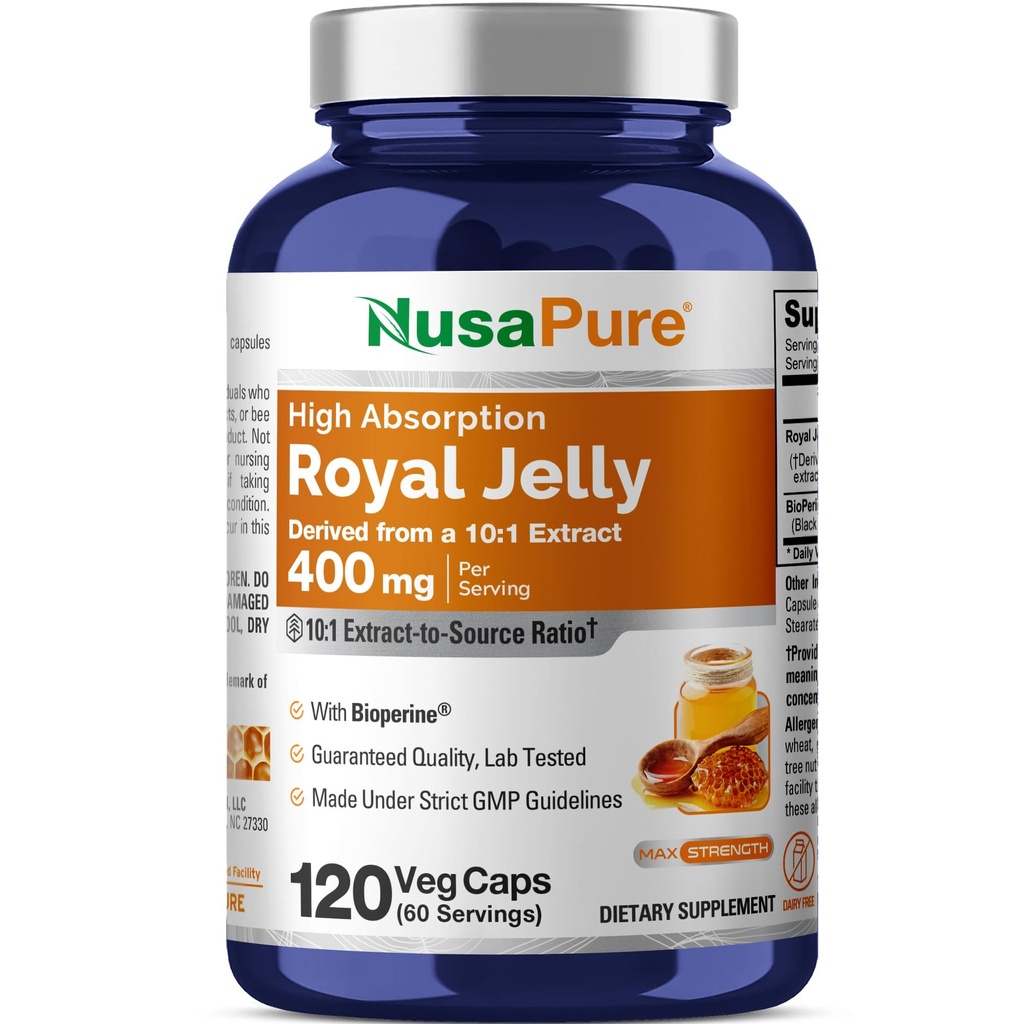 NusaPure Royal Jelly 10:1 Extract, 400 mg echivalent cu 4000 mg - 120 Veggie Capsule (non-GMO, Gluten Free, Bioperine)