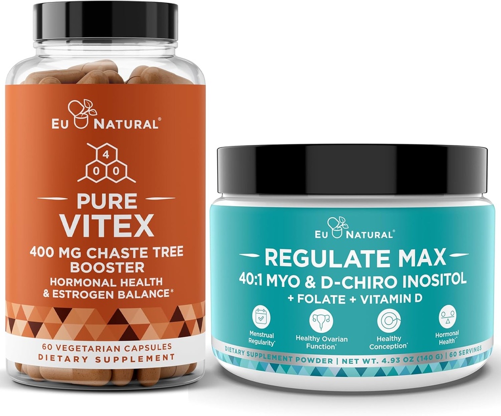 Vitex capsule de Chasteberry & Regulament Max Myo-Inositol D-Chiro Inositol pulbere - suport natural PMS & Fertilitate, Echilibru Hormoni, Regulate Cycle - 60 Vegan Soft Capules + 60 Servings Inositol pulbere
