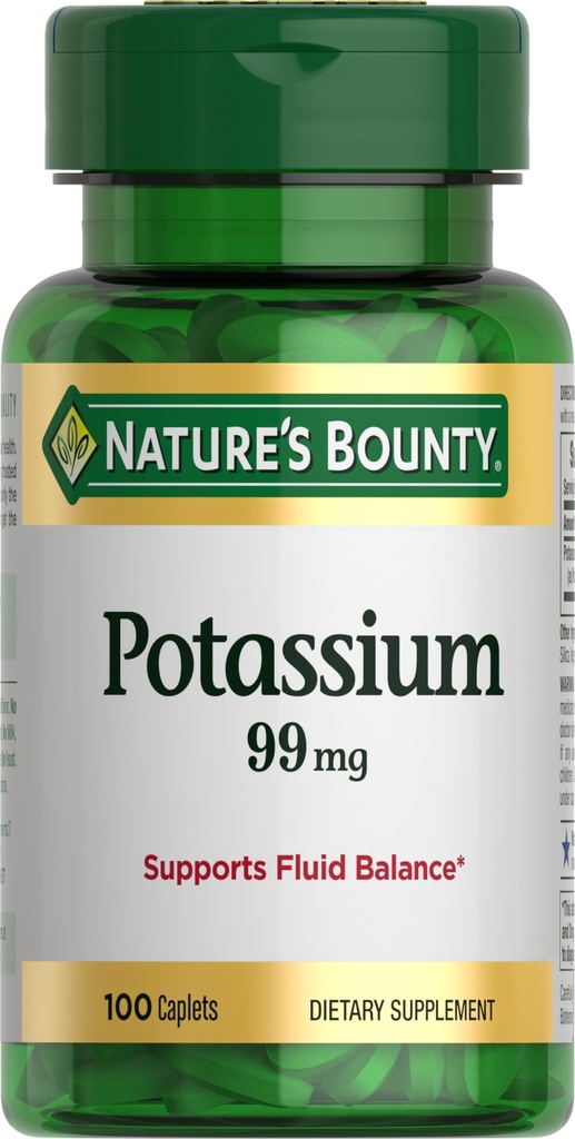 Natura's Bounty Potasiu 99mg, Suportă echilibru lichid și activitate musculară, Implicat în funcția normală a inimii, Potasiu Gluconate Supliment alimentar, Gluten gratuit, 1 pe zi, 100 Vegetarian Caplete
