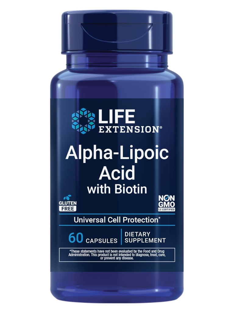 Extensie de viaţă Acid alfa-lipoic cu Biotin, pentru protecţia celulelor, antioxidant universal pentru sănătatea ficatului şi nervilor, Gluten-Free, non-GMO, 60 capsule