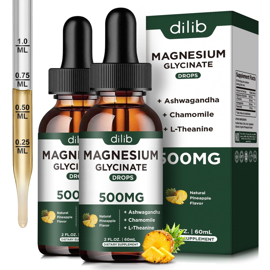(2 ambalaj) Magneziu Glicinat Supliment, Magneziu lichid picături cu magneziu Glicinat 500mg Ashwagandha, L - Theanină, Mușețel -Suports Optimal Calm Sleep Vegan