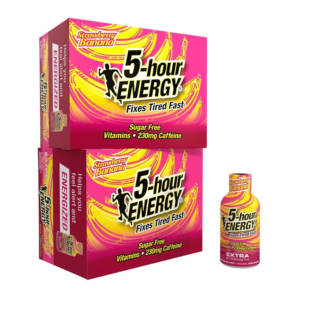 5 ore energie Putere suplimentară Shot, Aroma de banane căpșuni (1,93 oz., 24 Count) Calorii de zahăr-fără și Zero, B-Vitamins și aminoacizi, 230mg Cafeinate Shot energie, Supliment alimentar