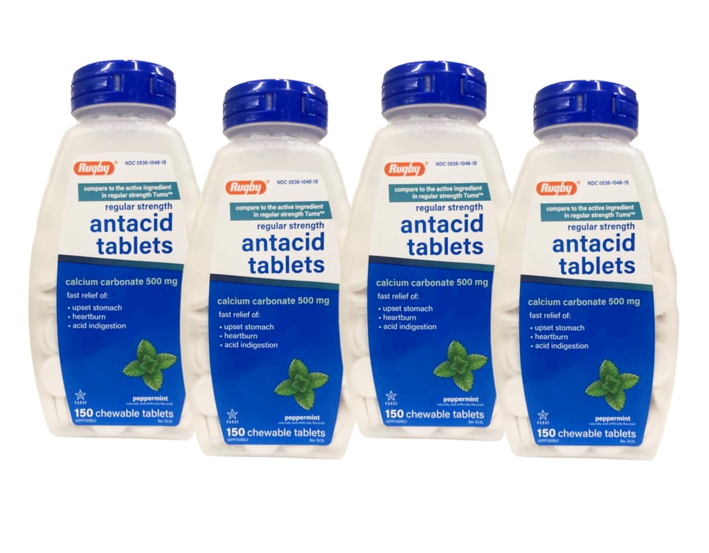 Rugby carbonat de calciu 500 mg Antiacide tablete Mentă de mentă, Strengh regulat, 150 comprimate masticabile - 4 ambalaj