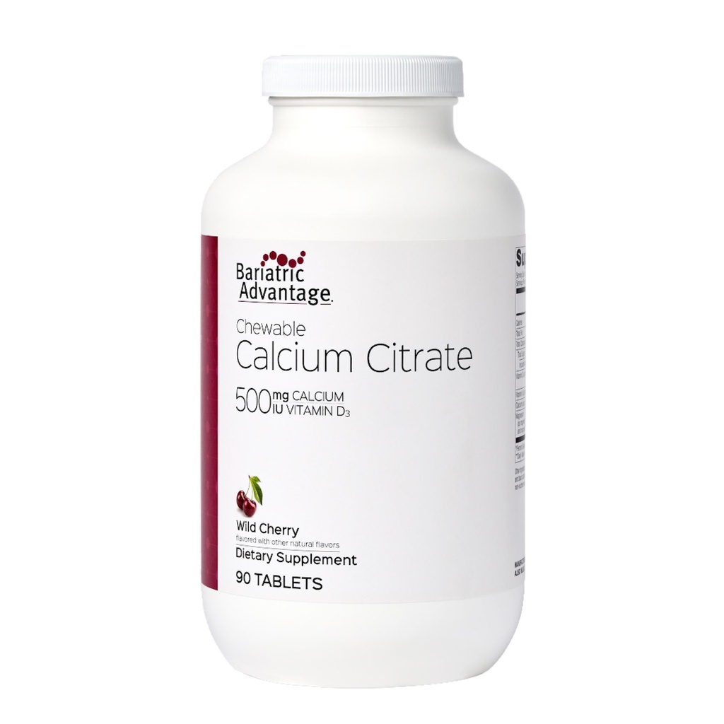 Avantaj baritric Citrat de calciu Citrate masticabil 500 mg cu vitamina D3 pentru pacienții cu chirurgie bariatrică incluzând Bypass gastric și Gastrectomie mânecă, Aroma de cireșe sălbatice - zahăr scăzut, 90 Număr