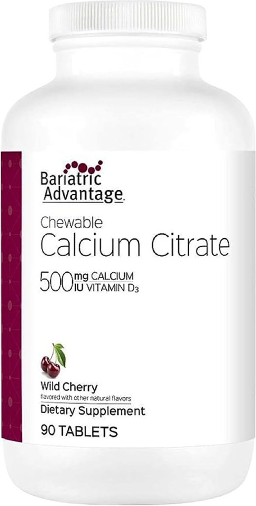 Avantaj baritric Citrat de calciu Citrate masticabil 500 mg cu vitamina D3 pentru pacienții cu chirurgie bariatrică incluzând Bypass gastric și Gastrectomie mânecă, Aroma de cireșe sălbatice - zahăr scăzut, 90 Număr