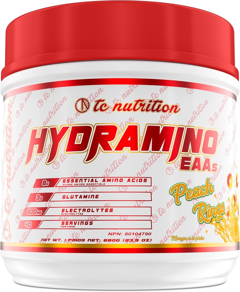 Hidramino EAA + BCAA Powder - 40 Servings - Suplimentul Aminoacidi esențiali și pulbere electrolitică pentru recuperare, Putere, & Hidratare, 7g BCAAs, 8g EAAA, 600mg Electroliti (Vegan, inele de piersici)