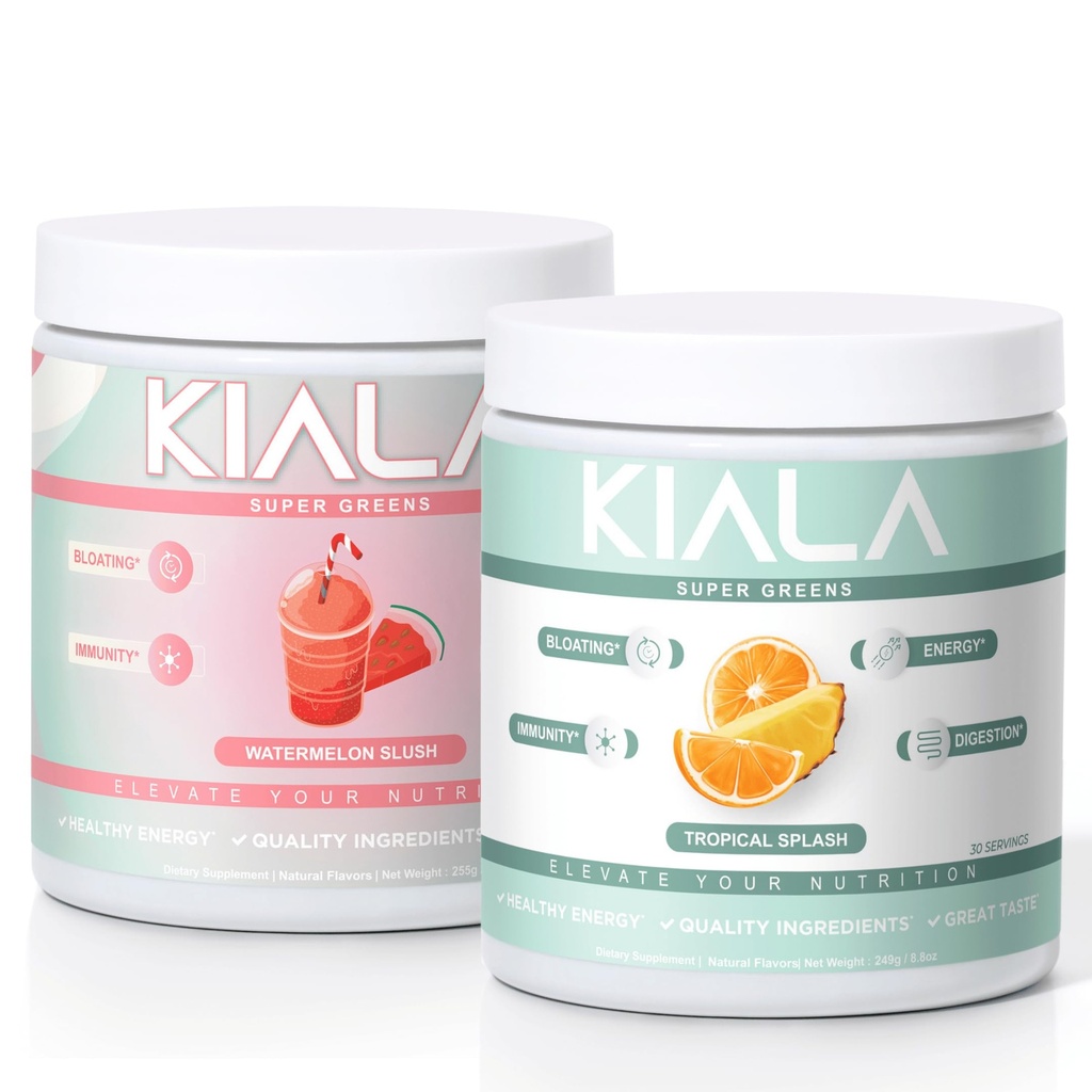 Kiala Nutrition Super Greens, Greens Organic Powder, Spirulina & Chlorella Superfood Powder, Sugar & Gluten Free Vegan, Spectra Blend, Pepene verde & Tropical Slush 2 Pack