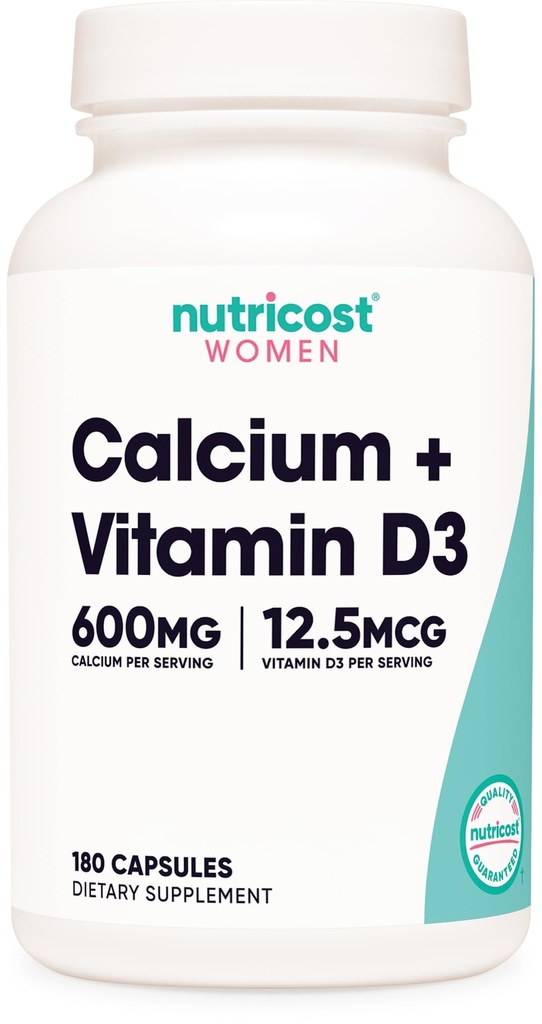 Nutricost Calciu (600mg) + Vitamina D3 (12,5mcg) pentru femei, 180 capsule - Vegan, Non-GMO, Gluten gratuit - 60 Serviri