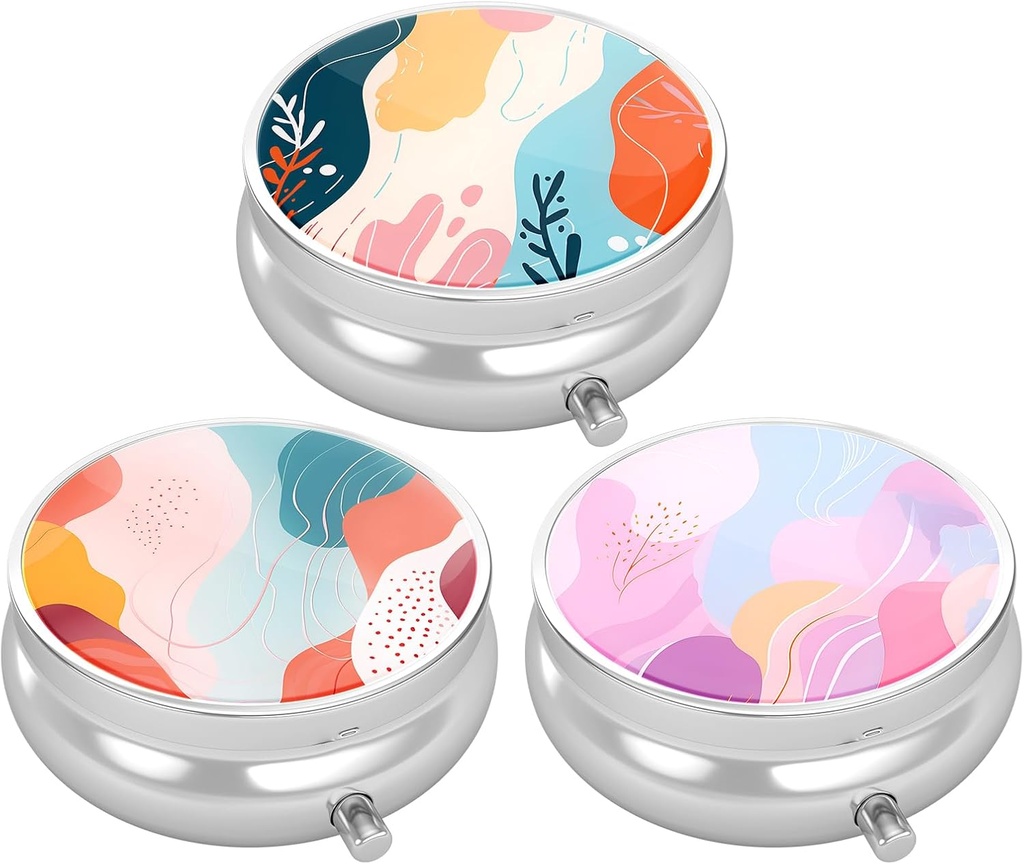 3 Pack Pilula cutie, pilula caz mic pentru Purse & Pocket, Cute Travel Medicine Organizator, Portable Medicine Container Holder to Hold Vitamine, medicamente, ulei de pește și supliment, stil de artă model