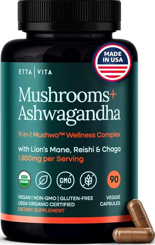 USDA Organic Lions Mane Supliment capsule cu Ashwagandha, Chaga, Reishi, Cordyceps, Turcia Coada (18,600mg/serv) 10x Adaptogene Mushroom Complex ca Focus Supplement - Energie, Imunitate & Nootrop