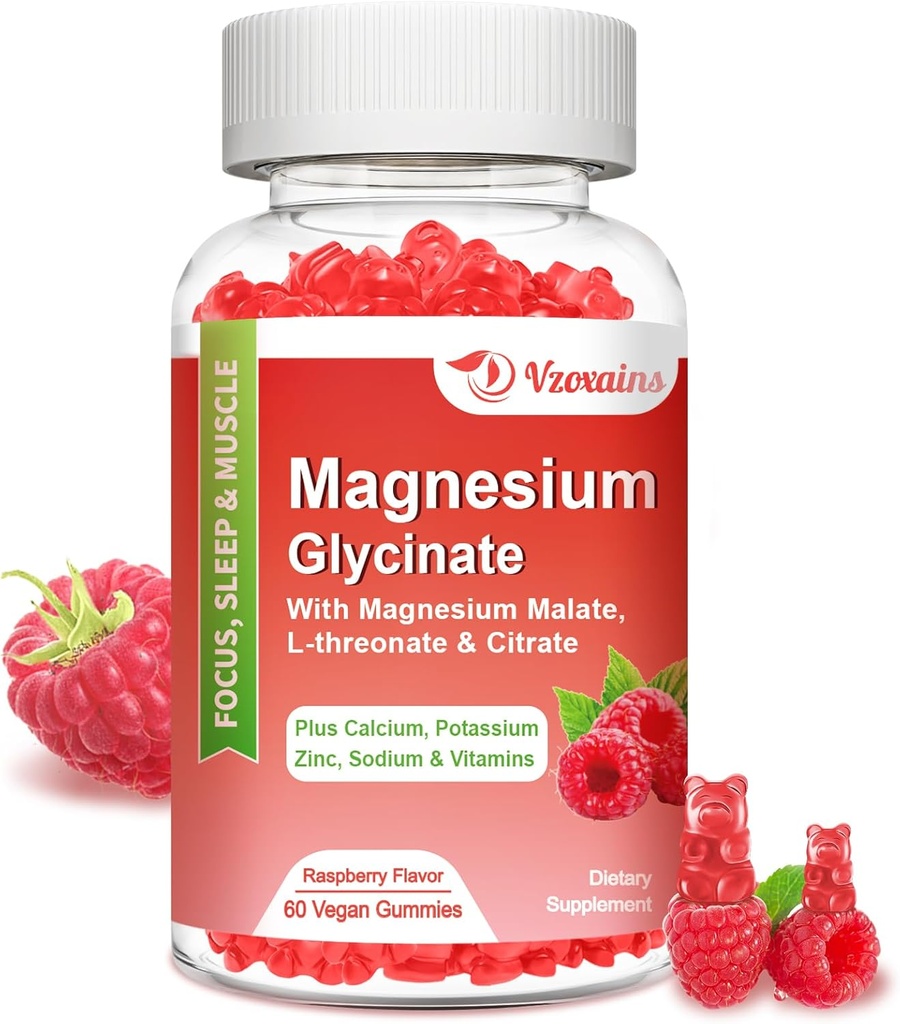 Gume de magneziu Glicinat 600 mg, Gume de magneziu pentru adulți și copii, Suport pentru relaxare și mușchi, 60 de gume aroma de zmeură